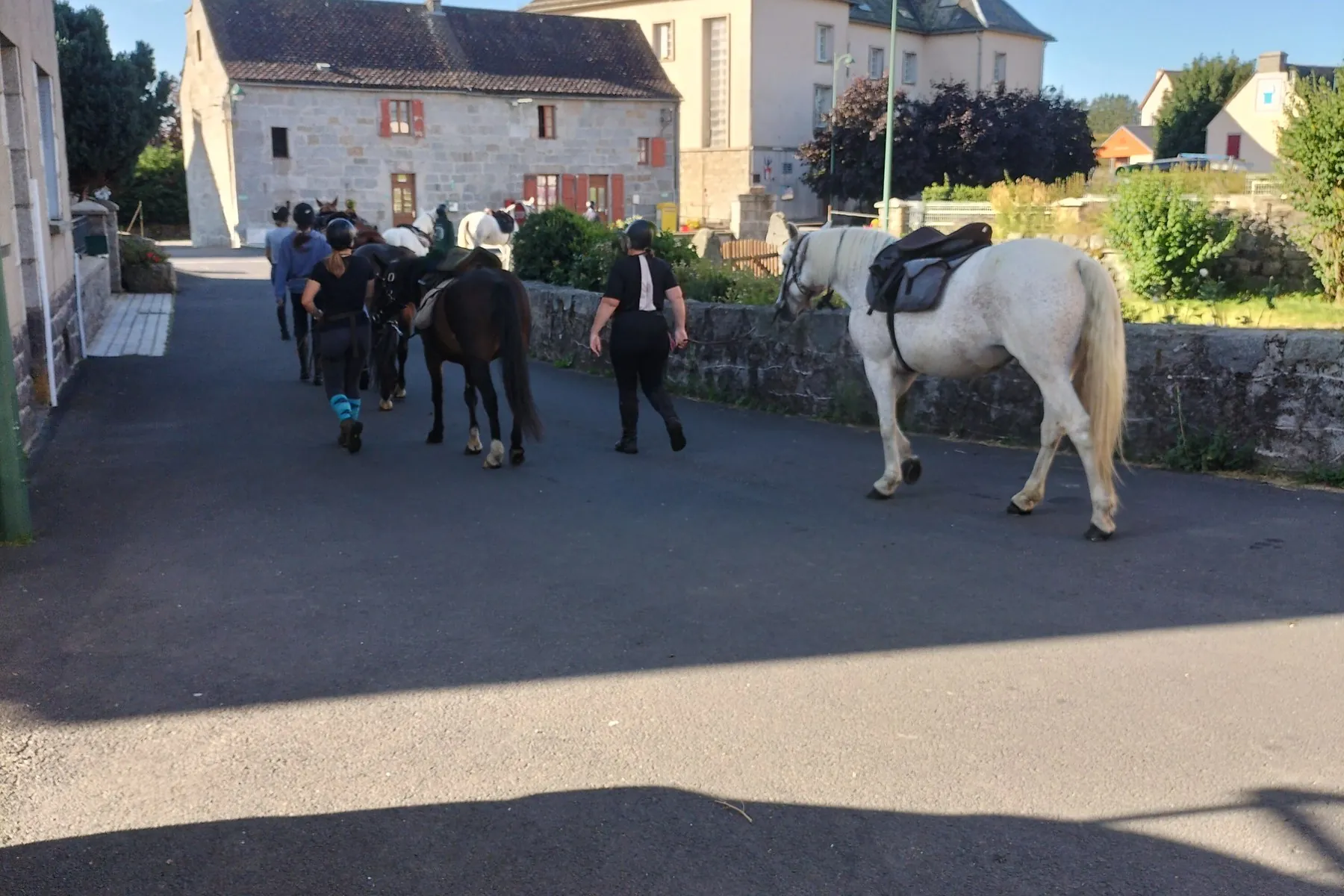Des cavaliers et leurs chevaux dans la rue de Malbouzon, devant le café Au Bon Accueil, au petit matin