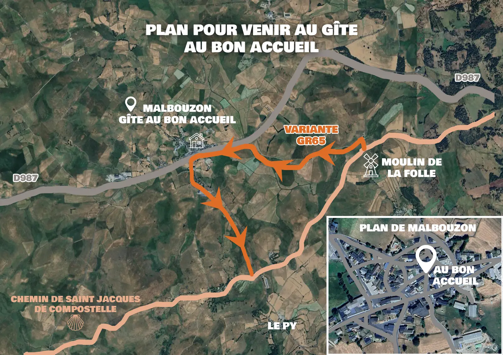 Plan aérien de la variante : sortie du GR 65 au Moulin de la Folle, traversée de Malbouzon jusqu'au gîte Au Bon Accueil, retour sur le chemin de Saint-Jacques aux Gentianes